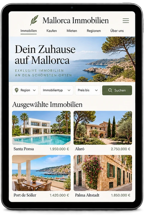 Tablet mit einer Maklerwebsite und mehreren Immobilien auf Mallorca