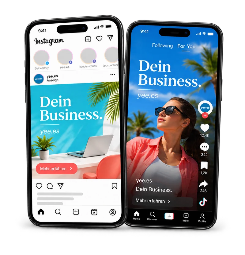 Instagram- und TikTok-Anzeigen auf zwei Smartphones in frischen Türkis-, Blau- und Koralltönen